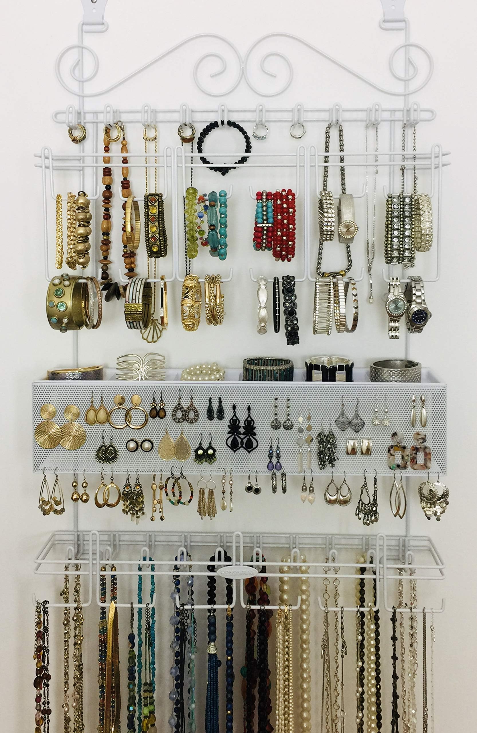Over the Door or Wall or Closet Hanging Jewelry Organizer Storage Rack #5100 in White, Holds over 300 Pieces Patented Product