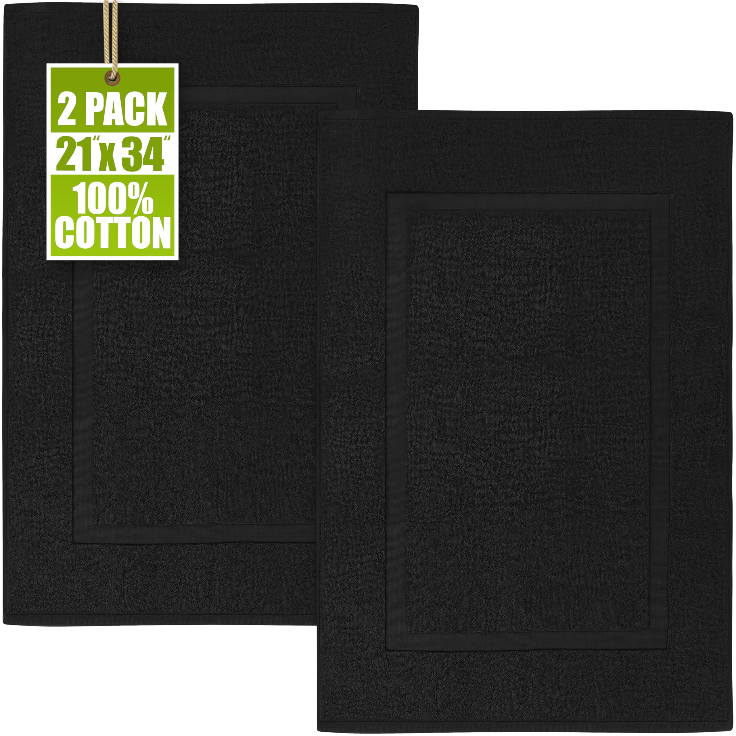 Utopia Towels Cotton Banded Rug, Bath Mats, Not a Bathroom Rug, 21 by 34 Inches, 100% Ring Spun Cotton, Highly Absorbent Shower Bathroom Floor Mat, Black, 2 Pack