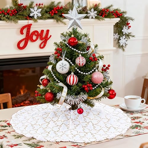 Miniatura 98 de Falda de árbol de Navidad de 48 pulgadas, falda de árbol de piel sintética de lujo con copos de nieve dorados y lentejuelas, alfombrillas grandes