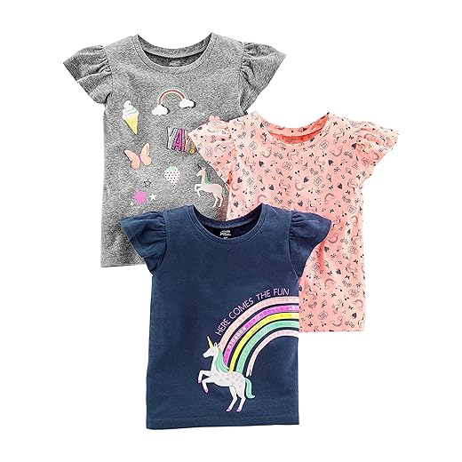 Simple Joys by Carter's Toddler Girls' Short-Sleeve Graphic Tees, Pack of 3, Grey/Pink/Navy, Unicorn, 2T