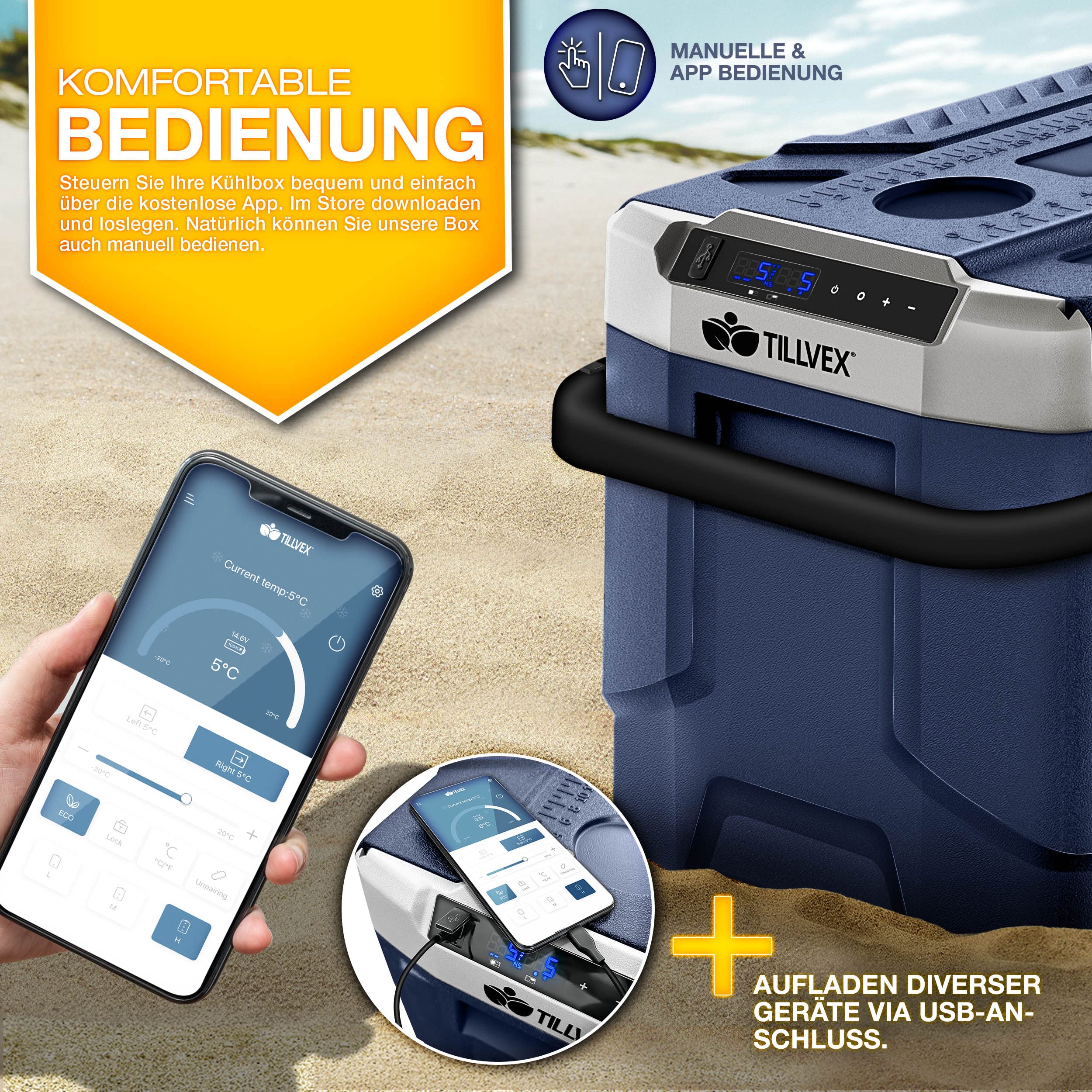 tillvex® elektryczna lodówka kompresorowa, 51 litrów, sterowanie przez aplikację wi-fi, złącze USB 12/24 V 230 V, do -20 °C, do samochodu, ciężarówki, łodzi, kampera, na kemping