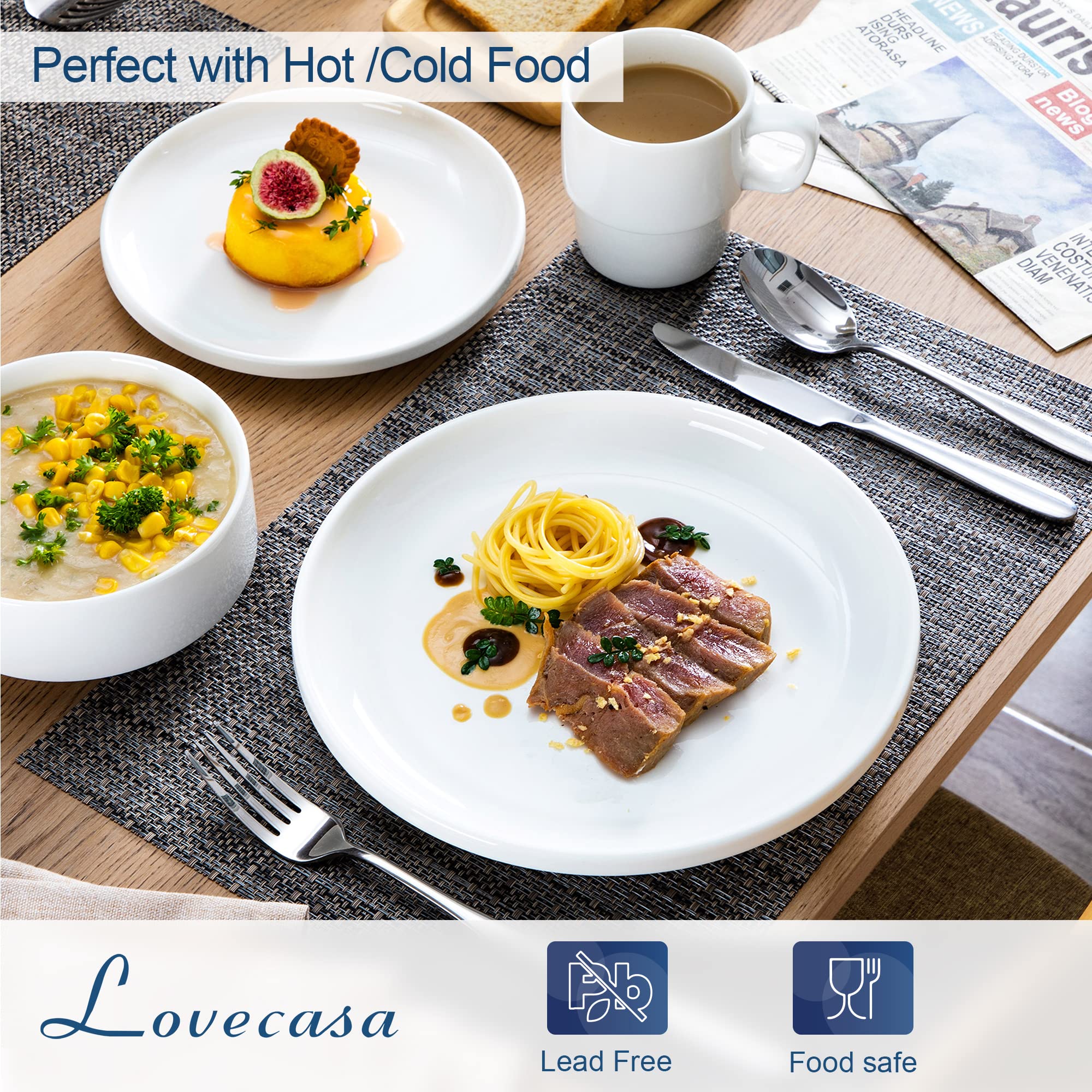 LOVECASA, Série SWEET, 32 Pcs Service de Table Porcelaine en Forme de Bord Debout, Service Complet Empilable pour 8 Personnes, Assiette Plate, Assiette à Dessert, Bols, Tasse Mug - Blanc