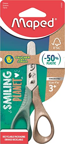 Maped - Ciseaux Vivo Smiling Planet - Ciseaux Responsables pour les Petites Mains gauchers - Anneaux 50% en Fibre de Bois Certifié FSC - Ergonomie 3D - Lame...
