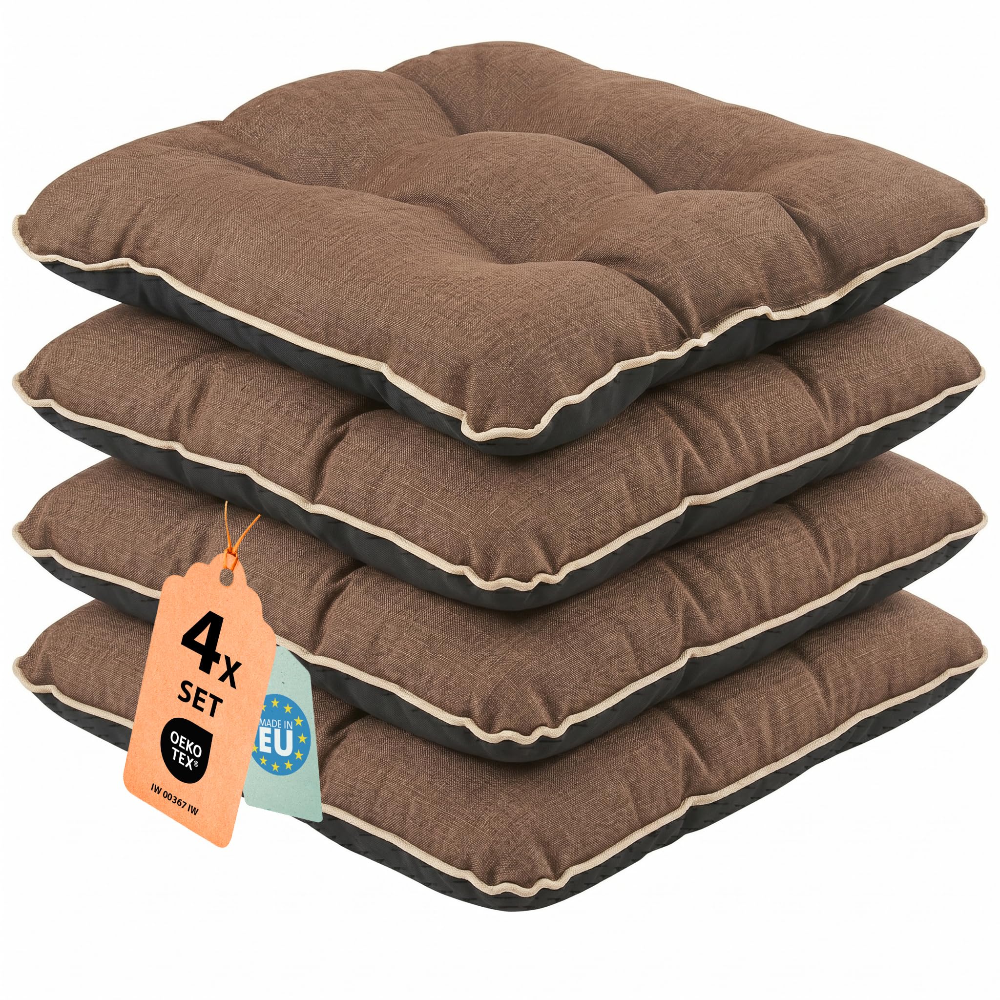 Superkissen24. Chair Cushions Seat Pads - Set of 4 45x45cm - Seat covers for Dining Chairs, Garden Chairs, Office Chairs - Outdoor/Indoor Chair Pillows - Waterproof - Brown Linen
