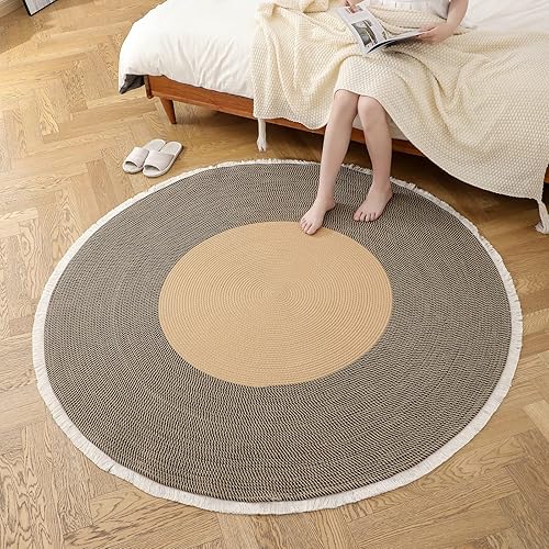 Alfombra redonda de cuerda de algodón tejida a mano de 3 pies con ribete de borlas, alfombra decorativa trenzada bohemia lavable para mesita de