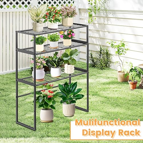 Miniatura 4 de Soporte de metal de 3 niveles para interiores y exteriores, soporte para macetas múltiples en maceta, estante para plantas, estantería de exhibición