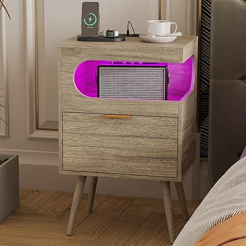 Miniatura 11 de Mesita de noche, moderna mesita de noche con cajón de almacenamiento y estante de madera abierta, mesita de noche decorativa con patas de madera