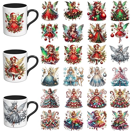 Christmas UV DTF Stickers - 24 Sheets Christmas Fairies UV DTF Cup Wrap for Mugs Glass Coffee, DIY Decals for Tumblers, Waterproof Rub on Transfers for Crafts - Christmas Fairies
