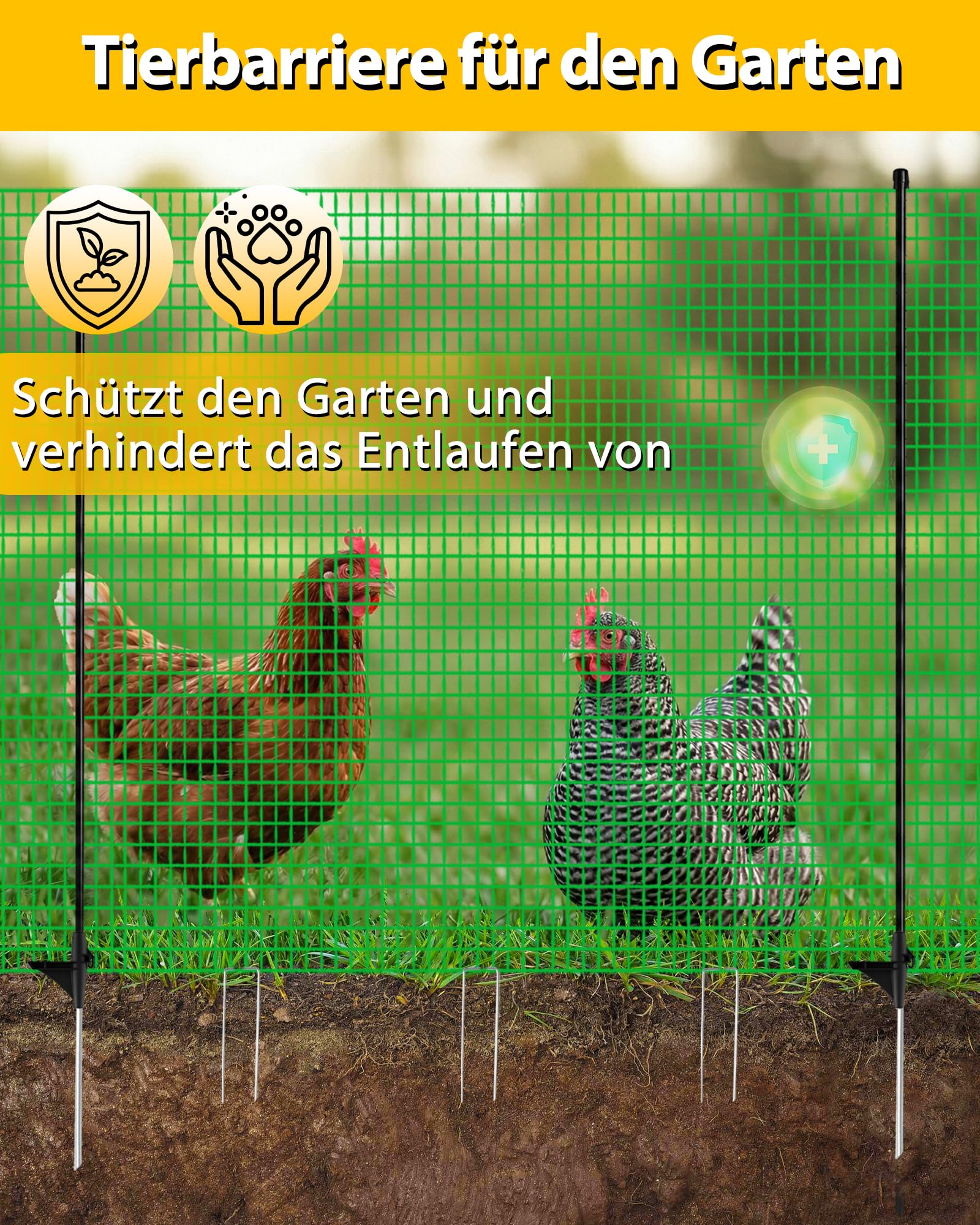 Mobiler Begrenzungszaun ohne Strom, 90 cm hoch, 25 m Gartennetz mit 15 integrierten Pfählen – feinmaschiger Steckzaun für Garten & Camping, geeignet für Hunde & Beetschutz, Komplettset