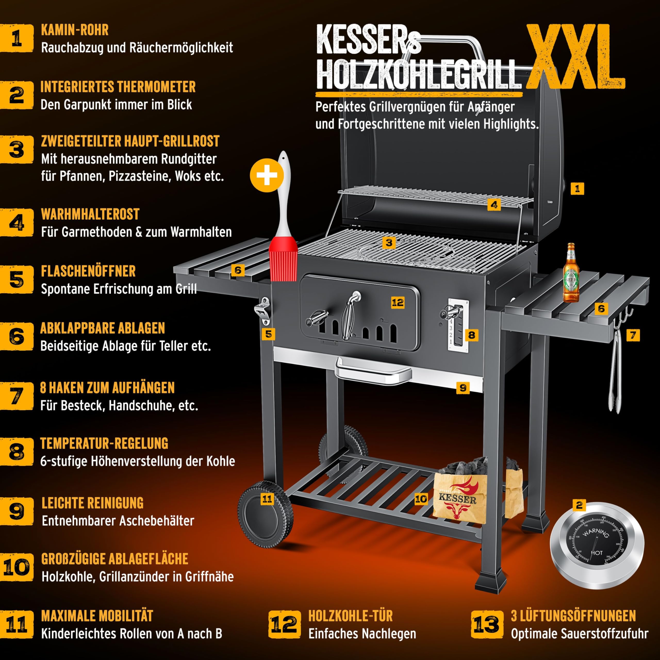 KESSER® Barbecue con Carrello XXL Barbecue a carbonella con Coperchio, Ruote, Manico in Acciaio Inox, griglia e termometro a carbonella,Grande Barbecue a carbonella Barbecue da Campeggio
