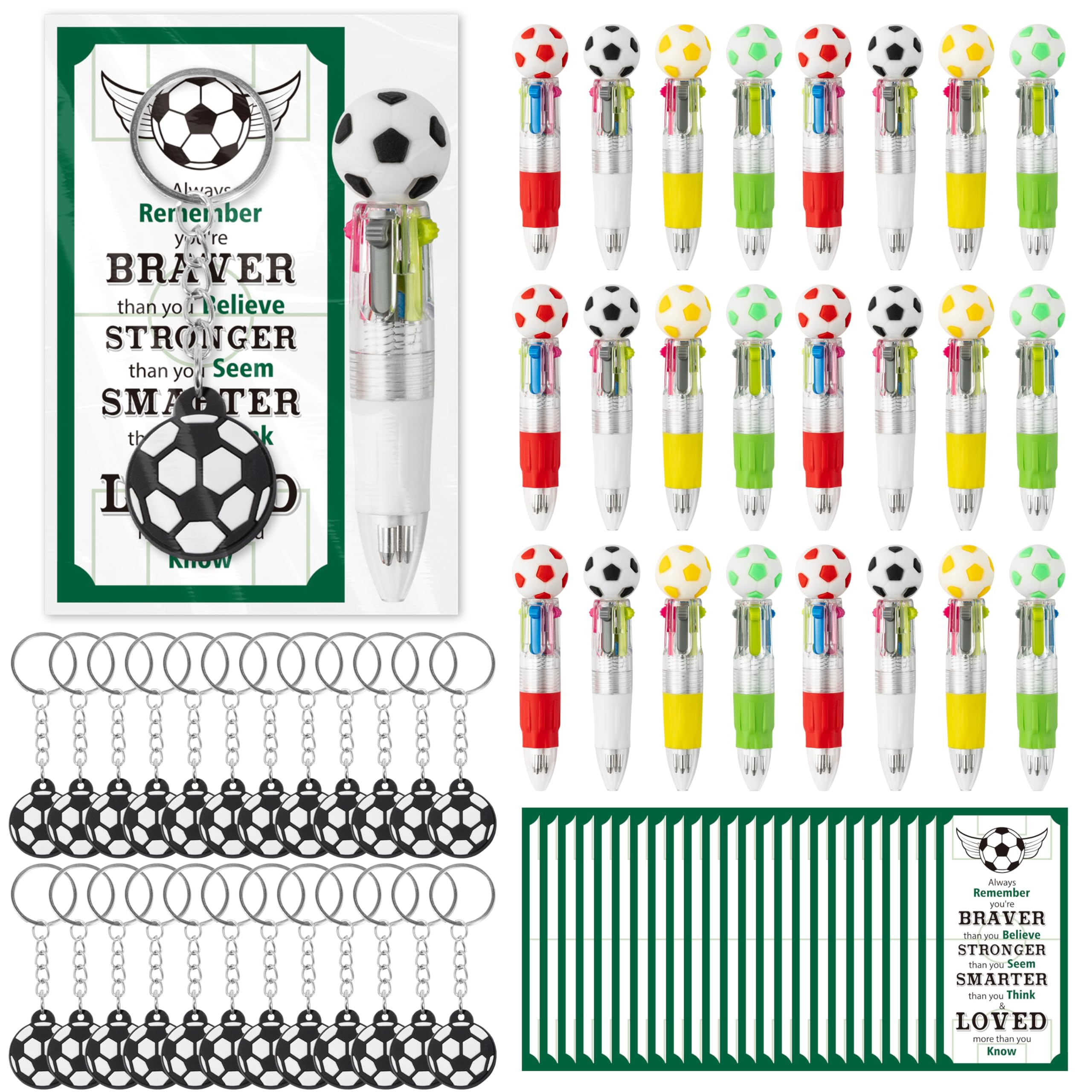 R HORSE 24 Pack Soccer 4-in-1 Ballpoint Pen with Positive Card and Football Keychain Exchange Gift for Classroom Prizes Goodies Bags Stuffers Party Favor Sport Team Gift for Kid Soccer Lover