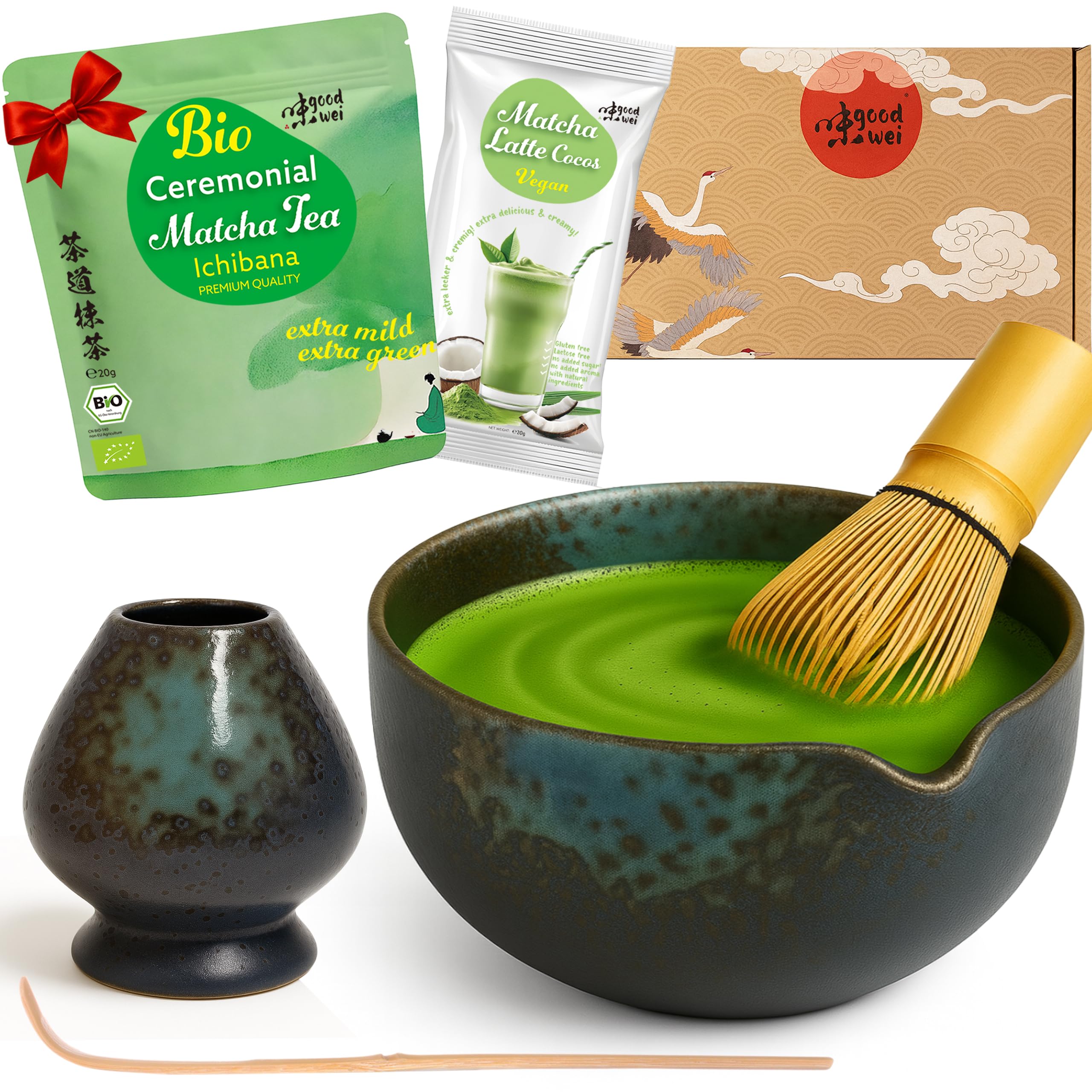 Goodwei Matcha-Set komplett mit hochwertiger Matcha Schale aus Keramik mit Ausgießer, Matcha Besen und Besenhalter | Geschenkset für Teezeremonie mit BIO Matcha und Cocos Matcha Latte (Rokusho)