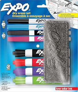 EXPO Low Odour Dry Erase Marker Set with White Board Eraser, Mixed-Tip Dry Erase Markers, Assorted Colours, 9-Piece Set