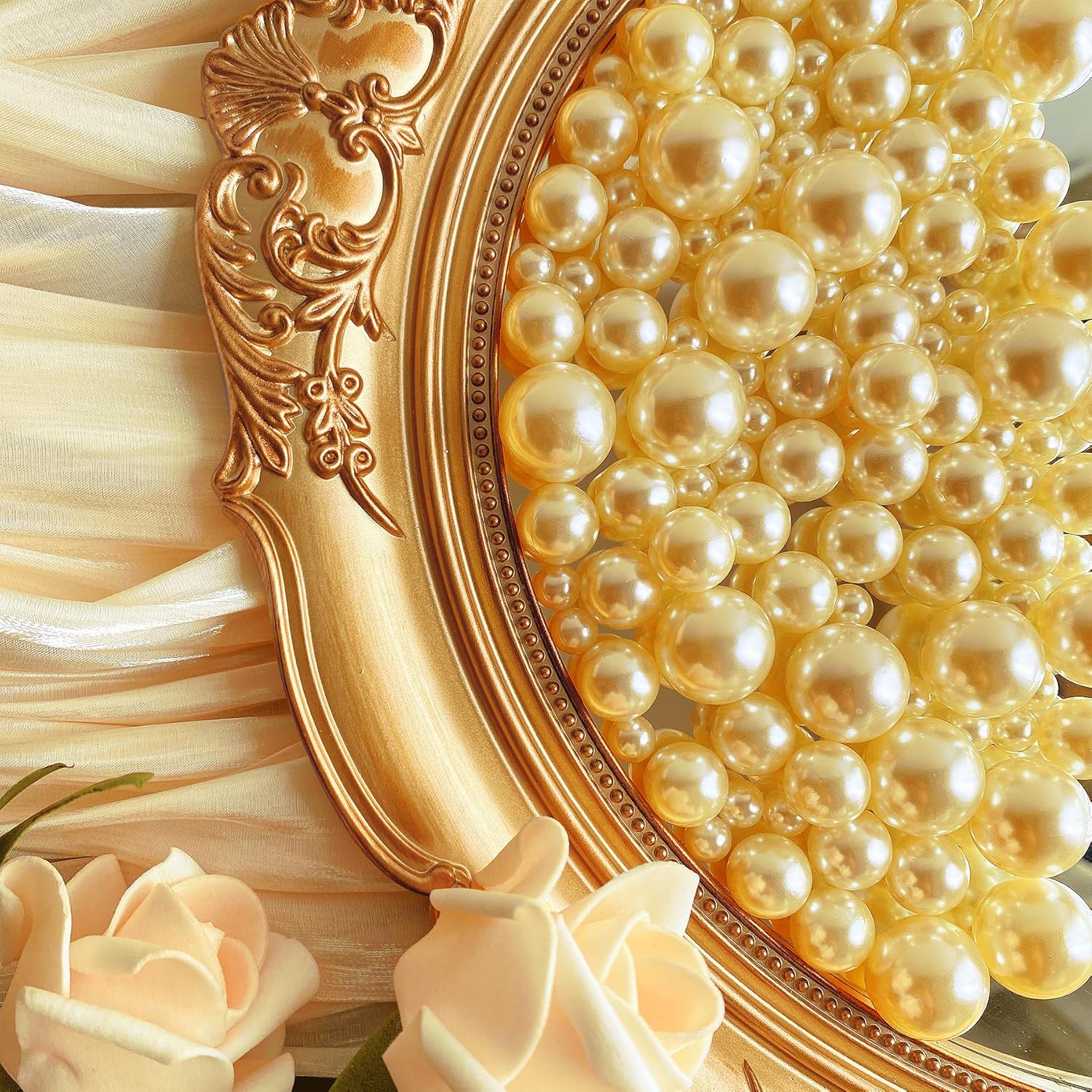 510Pcs Gold Vase Filler Pearl Beads for Centerpieces Vases, 8/14/18mm No Hole Faux Polish Pearls for Floating Candle Home Birthday Wedding Table Decor