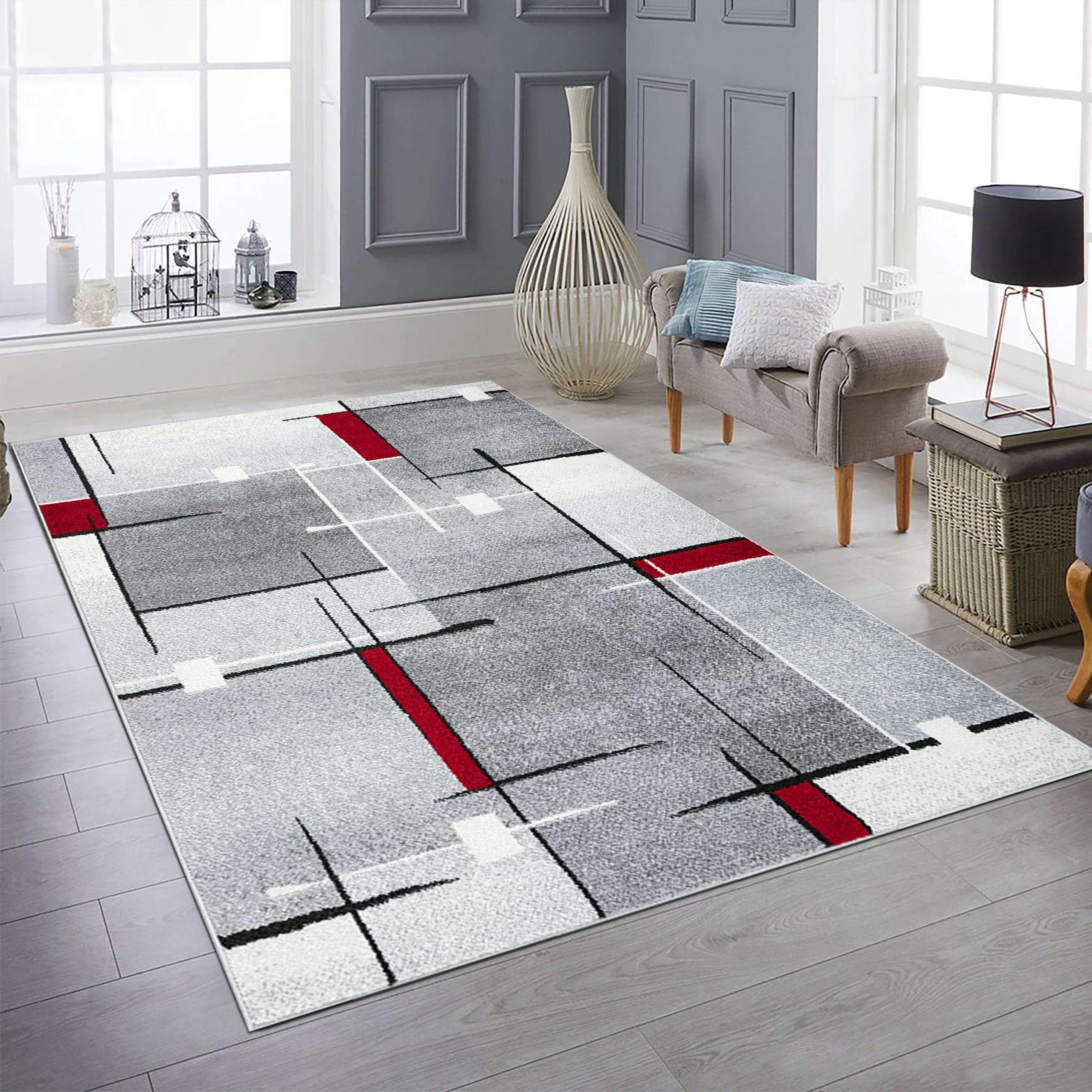 Teppich-Traum Tapis de Chambre d'amis Salon Facile d'entretien Motif à Rayures dans des Tons Rouges et Gris discrets 160 x 220 cm