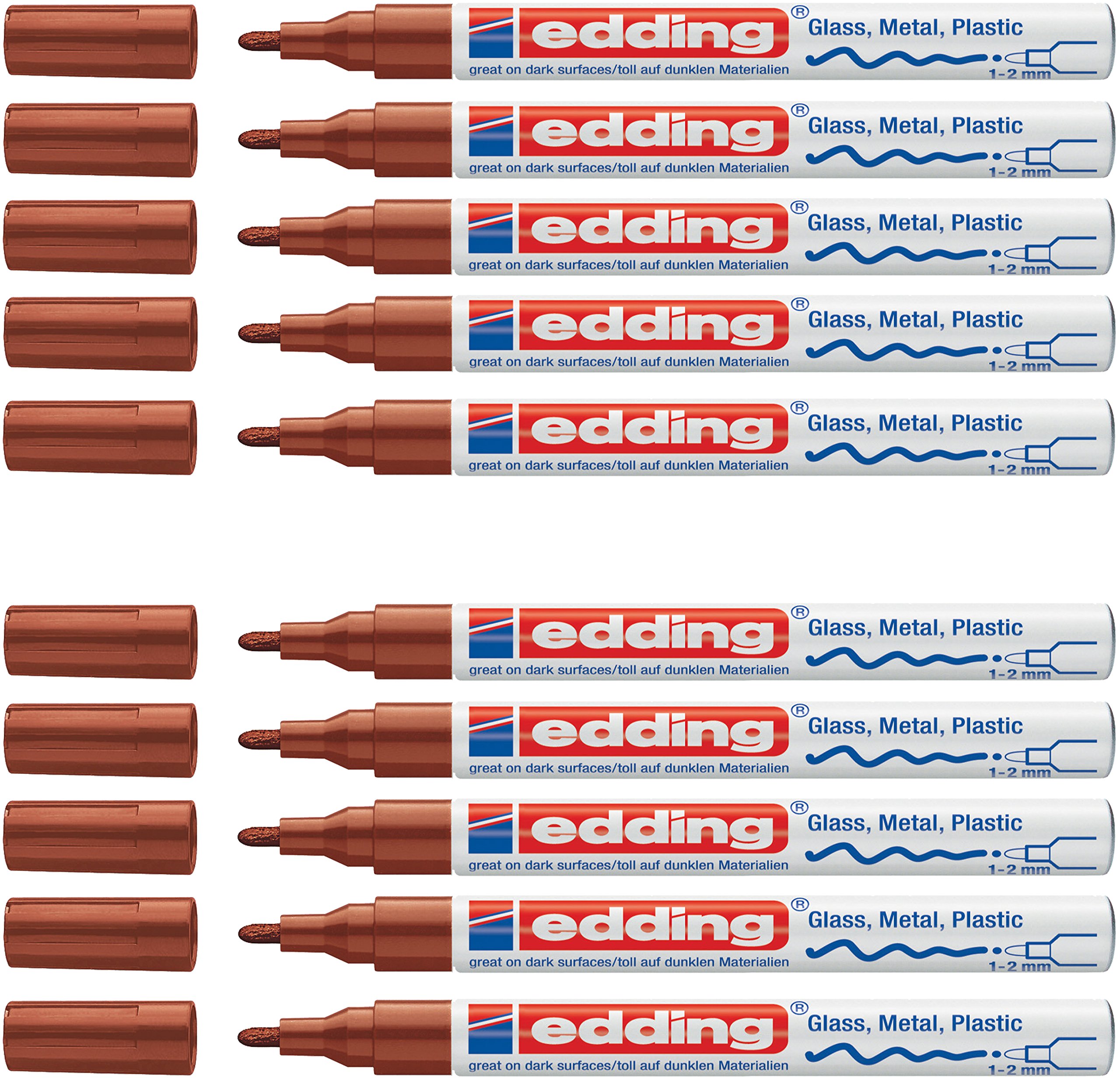 Edding Glanz-Lack-Marker - Rundspitze - Kreatives Gestalten von fast allen Oberflächen (z.B. Glas, Karton, dunkles Papier, Keramik, Stein) (1-2 mm, braun, 10)
