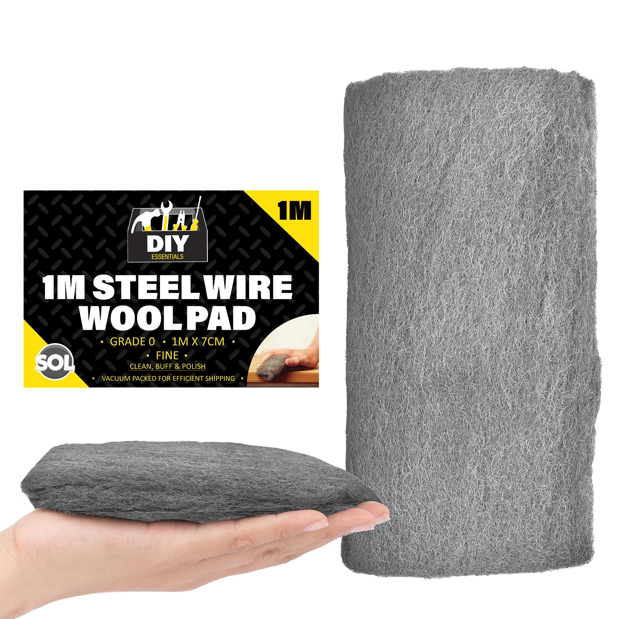 SOL1pk Steel Wool Pads - 1m x 7m Grade 0000 Wire Wool for Cleaning, Polishing & Sealing Small Holes - Steel Wool for Metal, Wood & DIY Projects