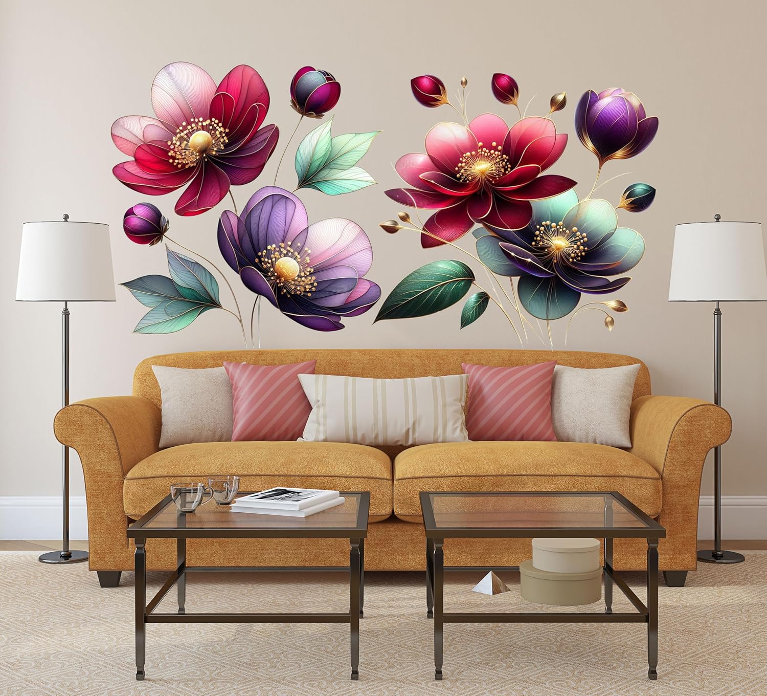 Boho Flower Wall Stickers Wildflower Floral Grass Peel and Stick Wall Stickers Living Room Bedroom Nursery Wall Decor (Red)