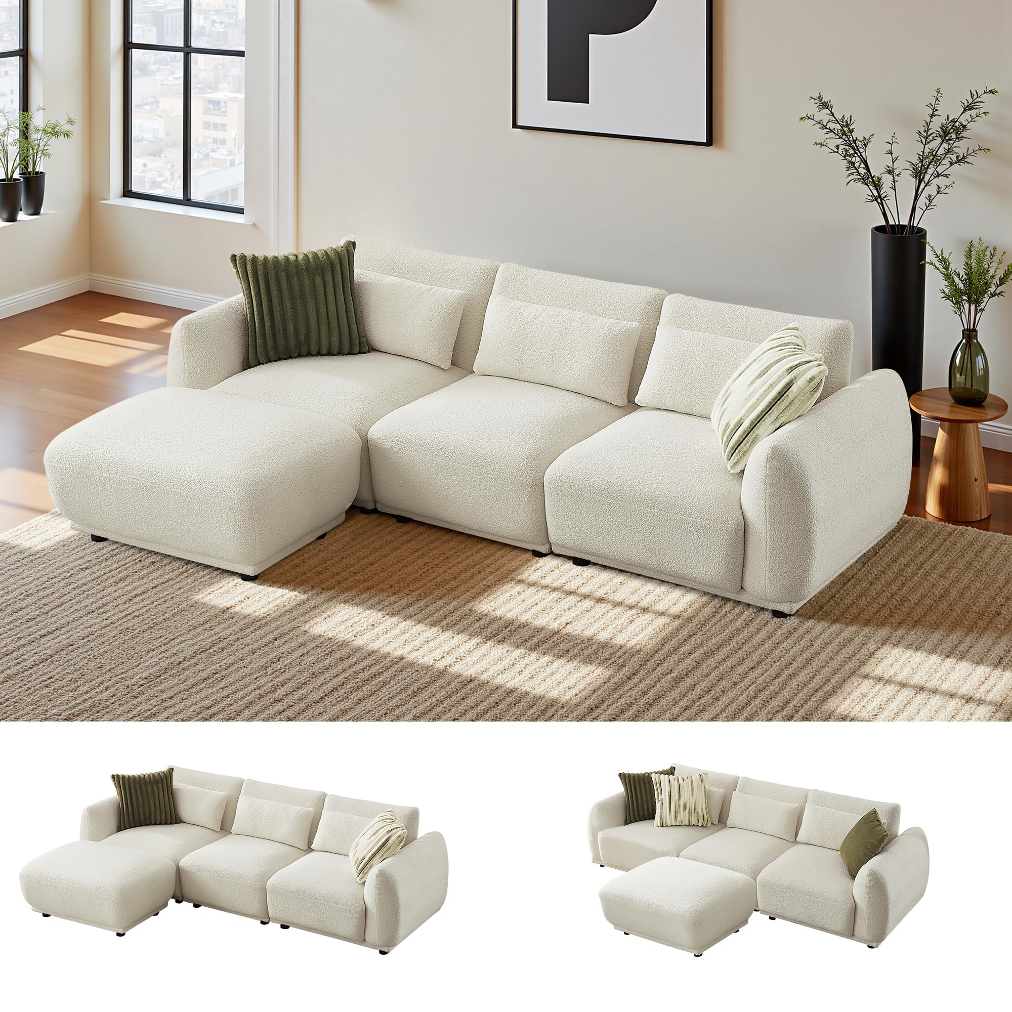 Sectional Sofa Couch, Modern U Shaped Sectional Couch with Ottoman, Modular Sectional Sofa Cloud Couches for Living Room (Beige, 3 Set + 1 Ottoman)