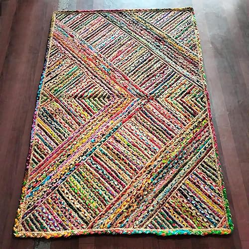 Miniatura 2 de ARTS OF JAIPUR Colección - Alfombra decorativa hecha a mano de yute de algodón Chindi de 3 x 10 pies, decoración del suelo, alfombra de baño,