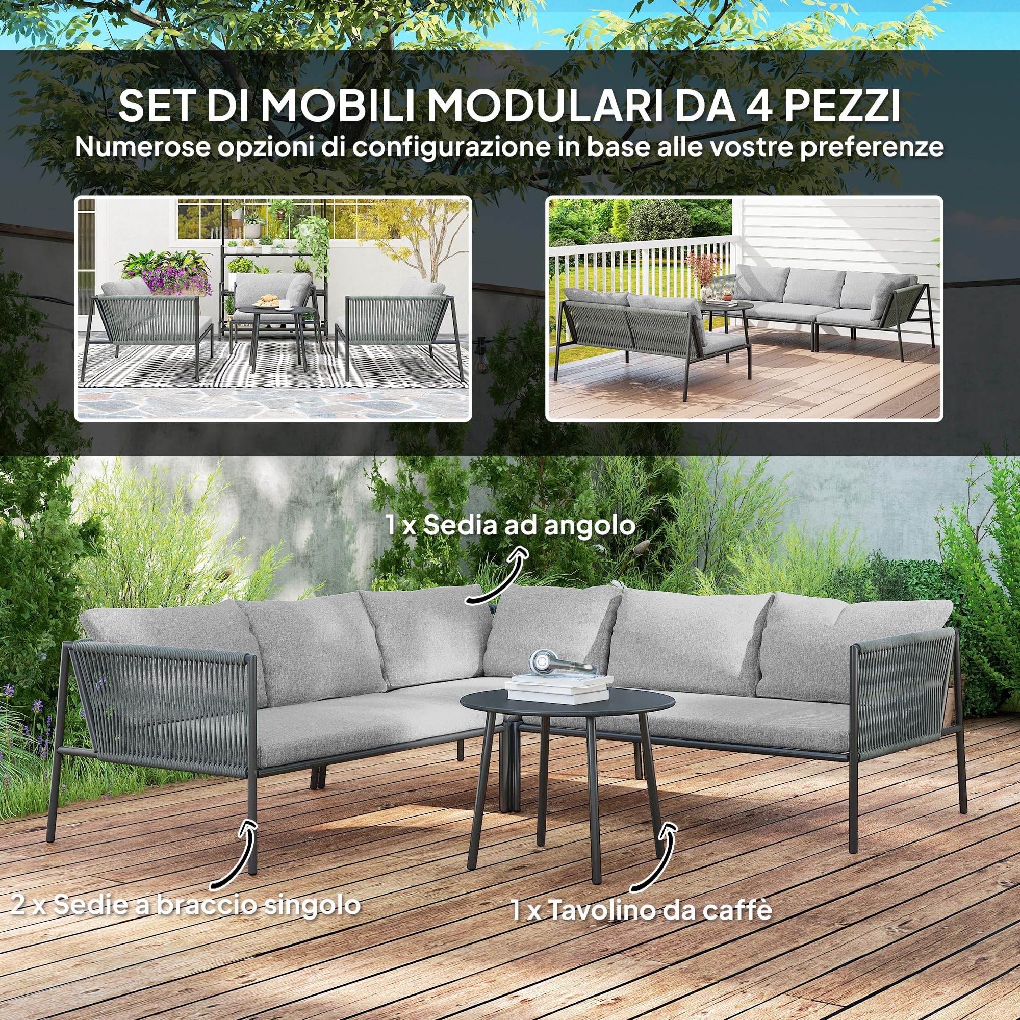 Outsunny Set di Mobili da Giardino in Rattan 4 Pezzi, Salotto da Esterno con Divano Angolare Modulabile, Tavolino da Caffè e Cuscini Lavabili, Acciaio, Grigio Scuro