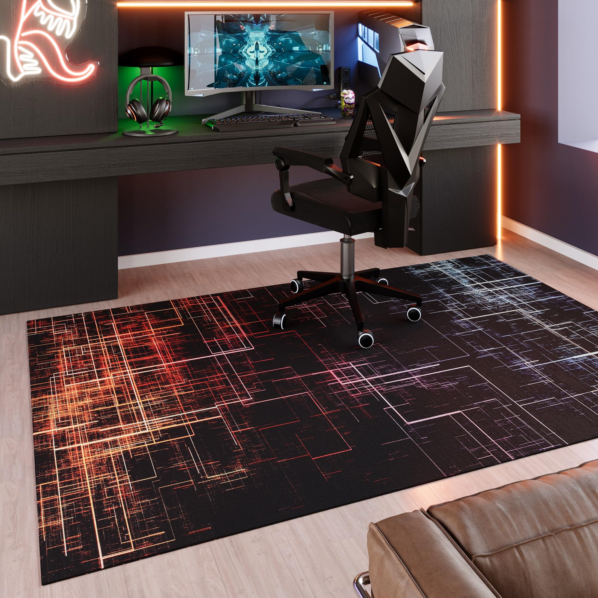 WECONhome Tkany dywan dla graczy, futurystyczny design, antypoślizgowy, idealny do Twojego pokoju gamingowego – Quantum Warp (110 x 160 cm, czarny)