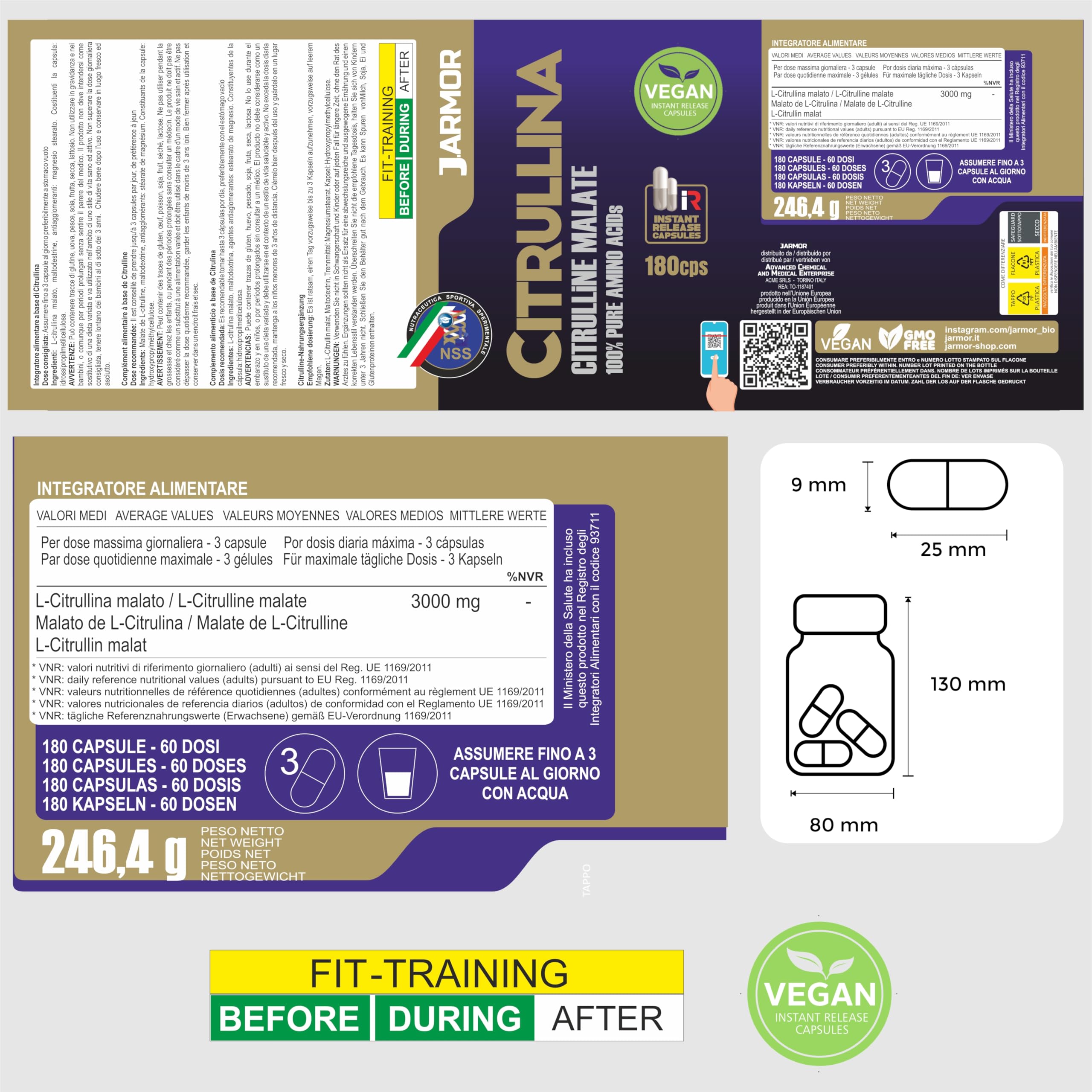 Citrulline Malate 3000 mg - 180 Capsules, L-Citrulline Pre Workout sans Caféine, Booster Musculation et Énergie