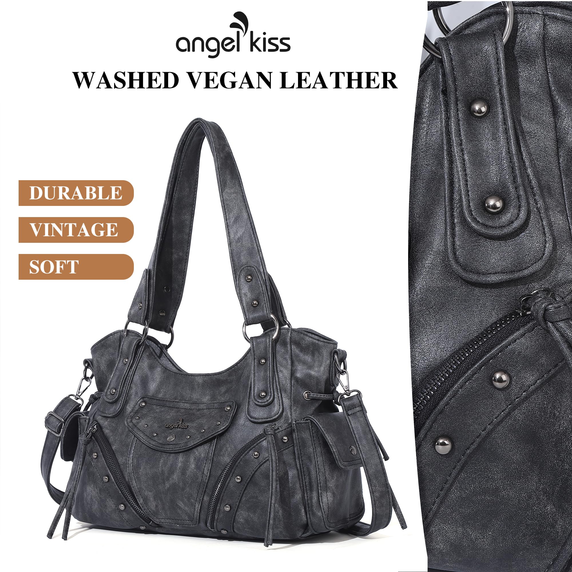 Angel Kiss Hobo Bag for Women Retro Leather Purses and Handbags Roomy Soft Ladies Satchel Bags with Crossbody Strap, Black Medium Size