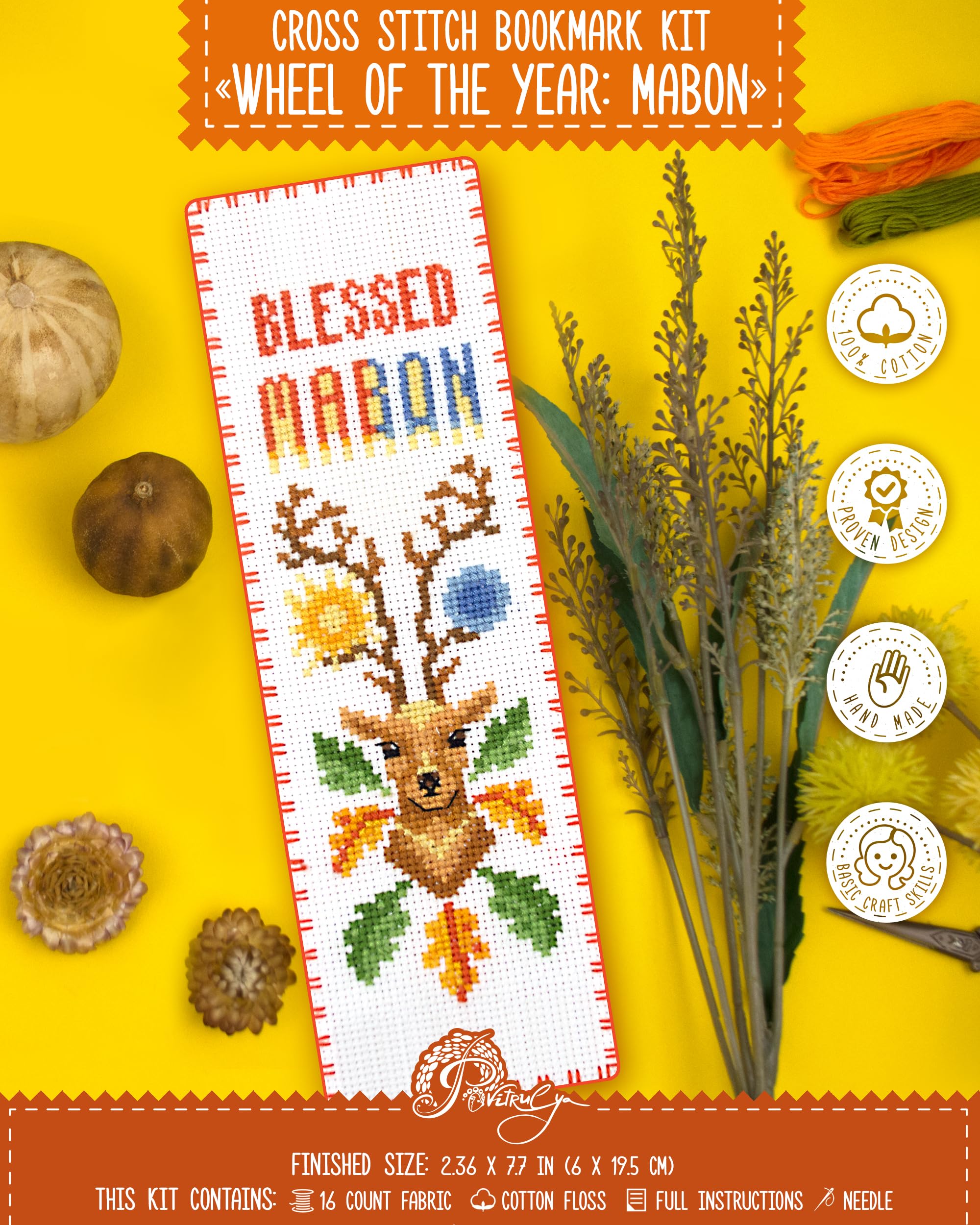 Povitrulya Counted Cross Stitch Kit “Wheel of the Year” - DIY Hand Embroidery Set, Pagan Celtic Wiccan Calendar, Pattern with Witchy Design for Adults (mabon) — image 1