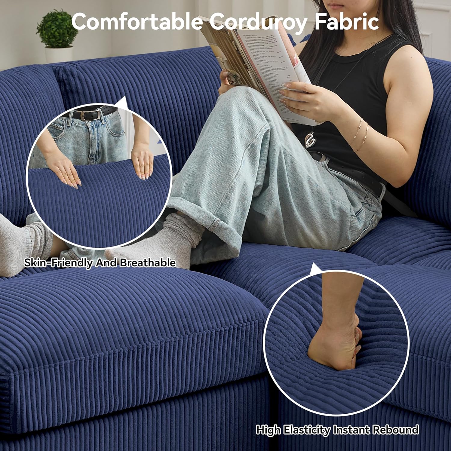 67'' Modular Loveseat Sofa, Extra Deep Seat Cloud Couch for Living Room, Corduroy Deep Seat Sofa with Armrest Pillows, Center Stitched, Blue