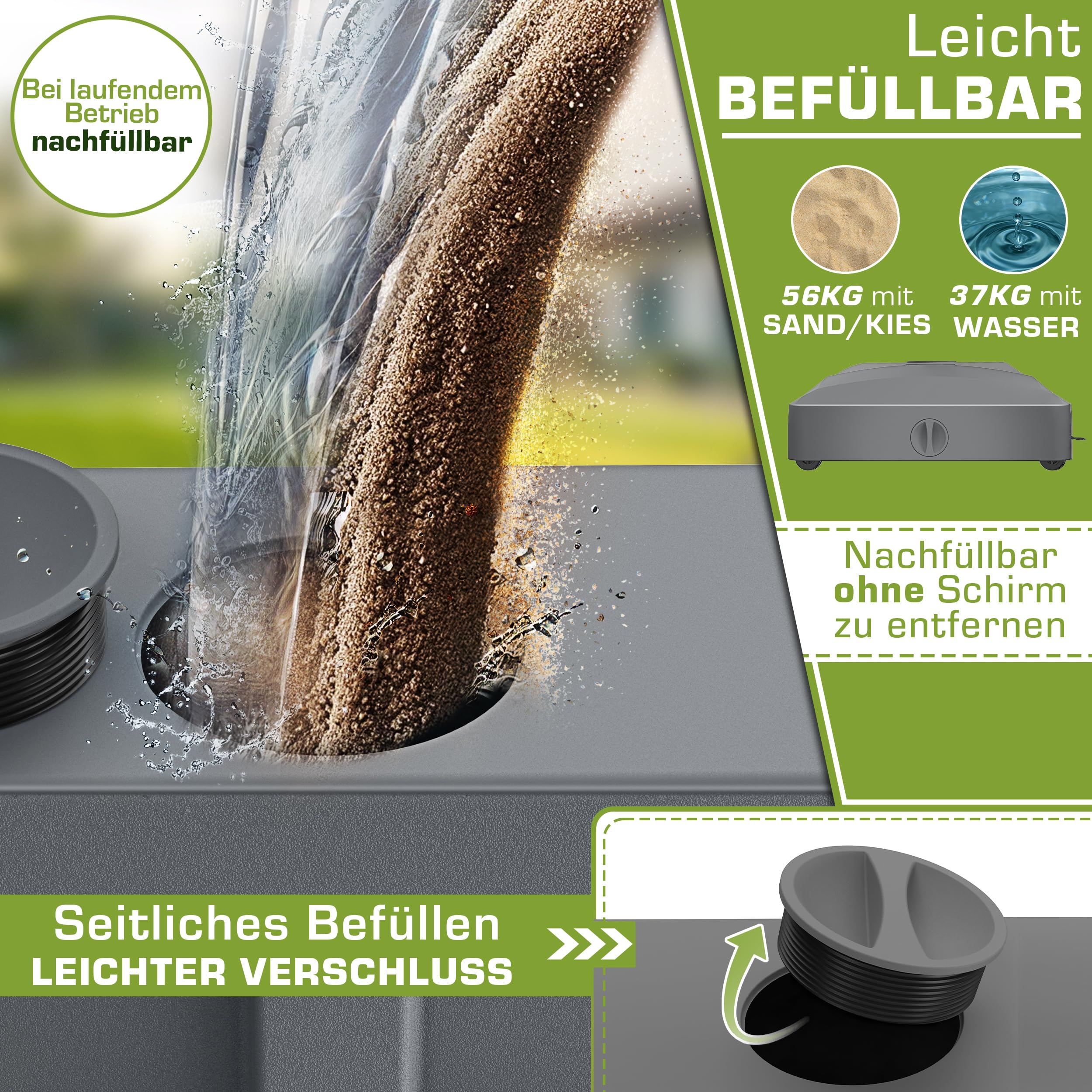 tillvex® Sonnenschirmständer PAVERA mit Rollen & Bremsen | Schirmständer befüllbar 37 Liter/56 kg | Schirmgewicht Sonnenschirm & Marktschirm Ø1,8-3,7m | Rollbar, wetterfest & UV-beständig (Anthrazit)