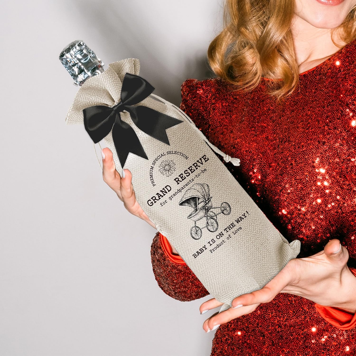 Cute Pregnancy Announcement Wine Bag, Grandparents Baby Announcement Ideas, New Mom Dad Gifts for Pregnancy Reveal, Grand Reserve for Grandparents to Be Wine Bottle Gift Bags with Bow-B34 - Image 4