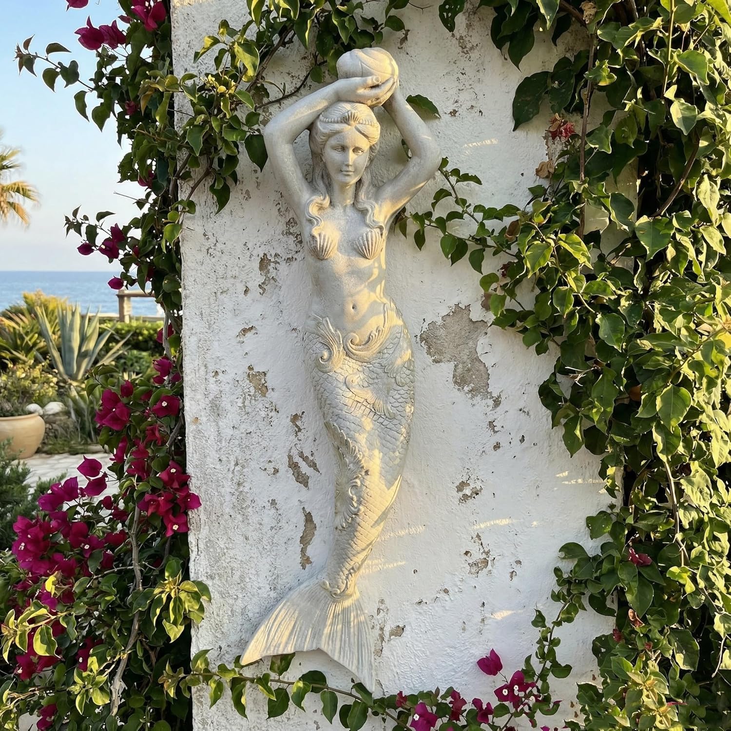 39'' High Mermaid Statue Wall Hanging Big Size Wall-Mounted Sculpture Wall Decoration Magnesium Oxide Indoor Outdoor Sculpture Mermaid Hook Garden Statue for Yard Backyard Decor