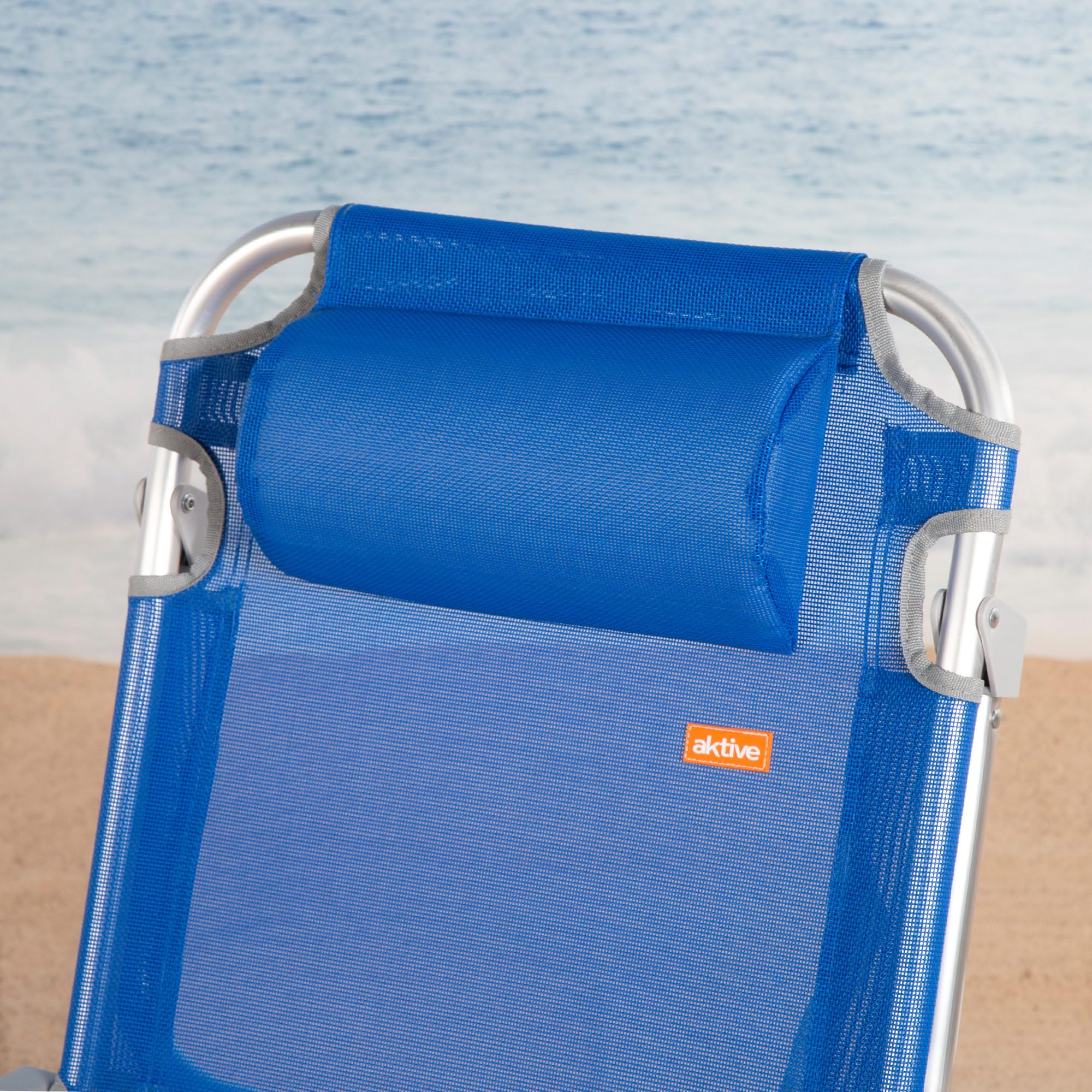 AKTIVE Beach- Chaise de Plage Pliante Haute Multipositions avec Dossier Réglable, Coussin, Protections Anti-Renversement et Poignée de Transport, Aluminium et Textilène, 48X60X90 cm, Bleu