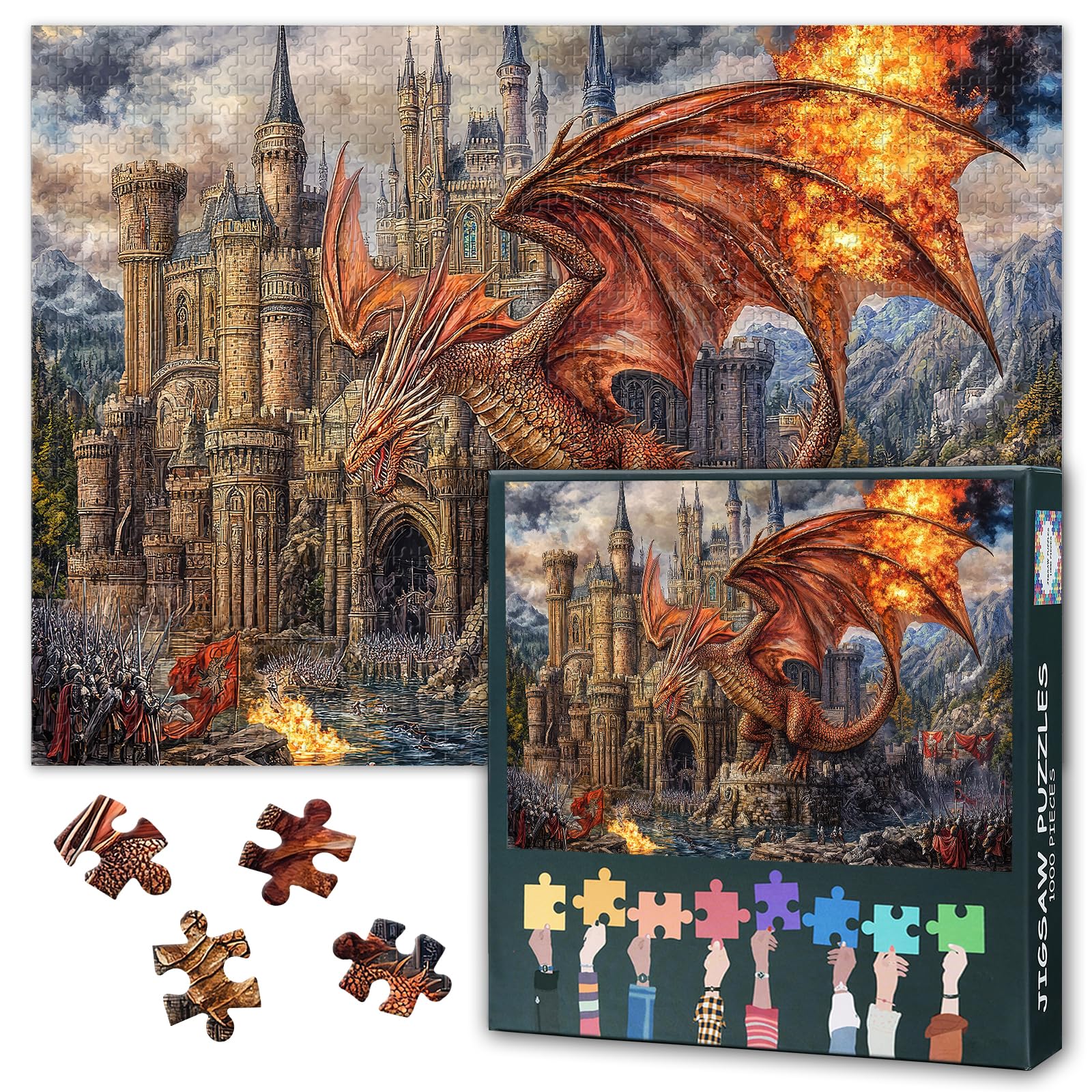 Jigsaw Puzzles 1000 Pieces for Adults Fire Dragon on the Castle Puzzle Home Wall Decoration Artwork Puzzle Suitable for Game Nights Challenging Family Game Finished Size: 70x50cm