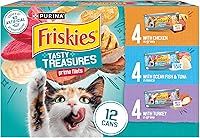 Purina Friskies Tasty Treasures Prime Filets Wet Cat Food Variety Pack, Chicken Turkey Tuna Ocean Fish, 5.5oz Cans (12 Pack)