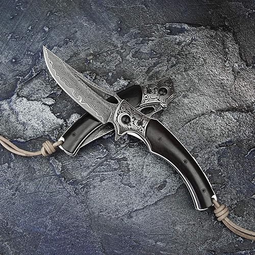 Miniatura 2 de NEWOOTZ Cuchillo plegable de acero de Damasco, hecho a mano, hoja japonesa VG10 de 3.5 pulgadas y mango de bloqueo de revestimiento de madera de