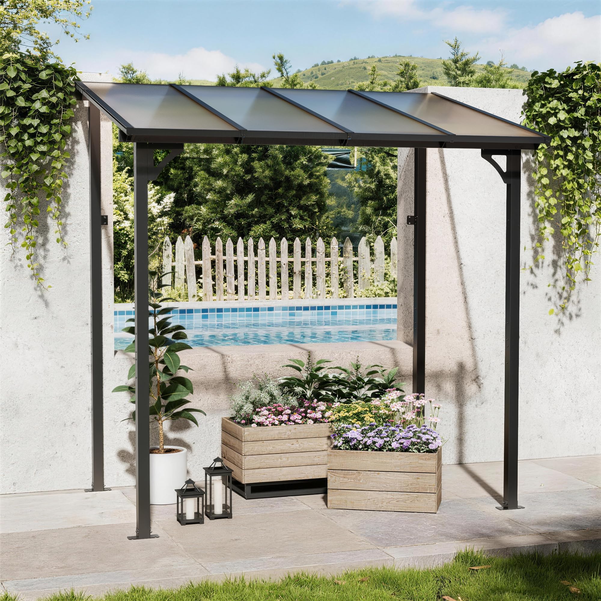 ASJMR 8x5FT Lean to Gazebo, Hardtop Wall Mounted Gazebo with Sloped Polycarbonate Roof
