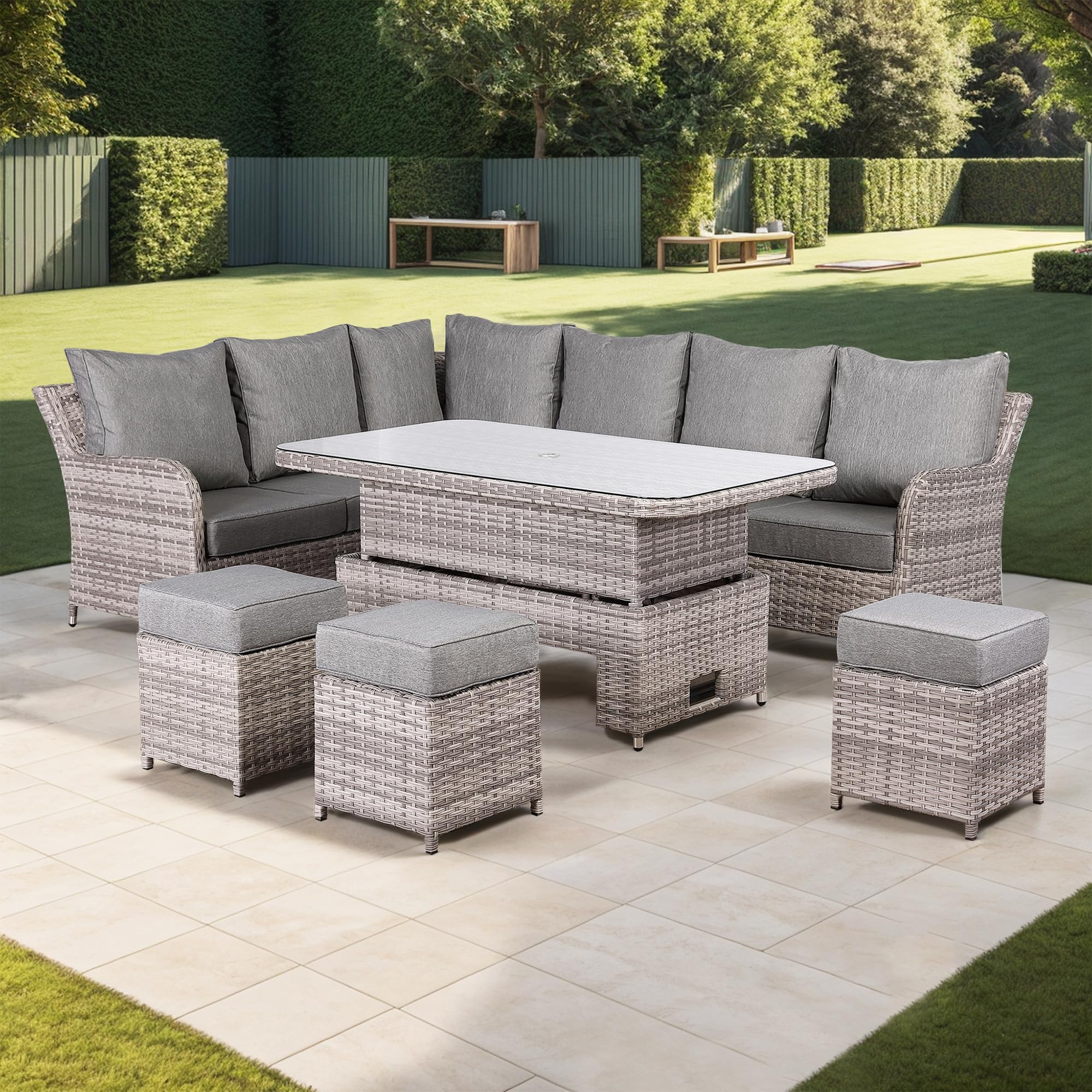 Rattan park Seater Garden Furniture Aluminium Elite Left Hand Corner Set  with Rising Table in Grey Weave
