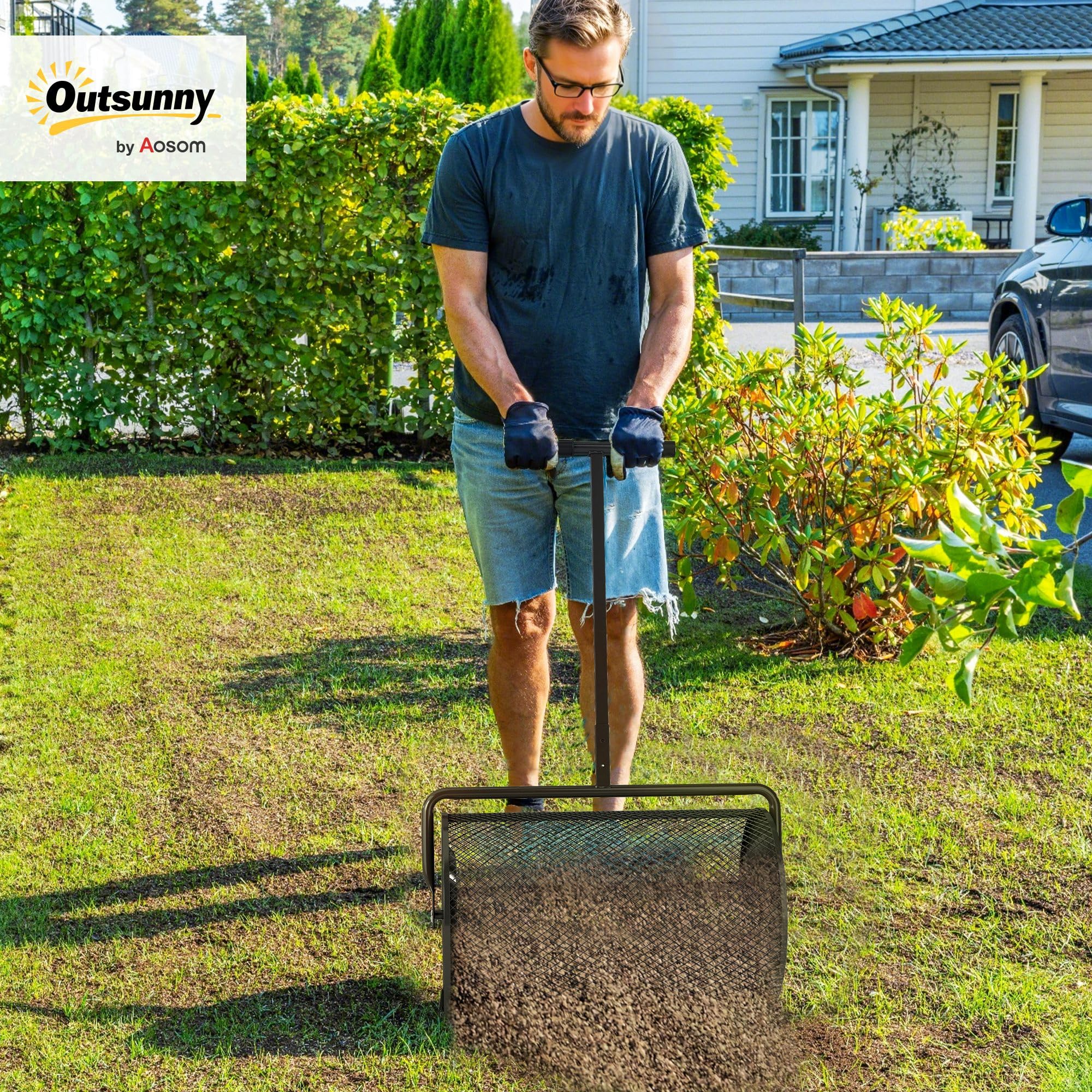 Outsunny Esparcidor de Compost 75L 70x40x112 cm Esparcidor de Abono para Césped con Asa Ajustable Cesto de Malla Metálica para Cuidado de Césped Jardín Negro