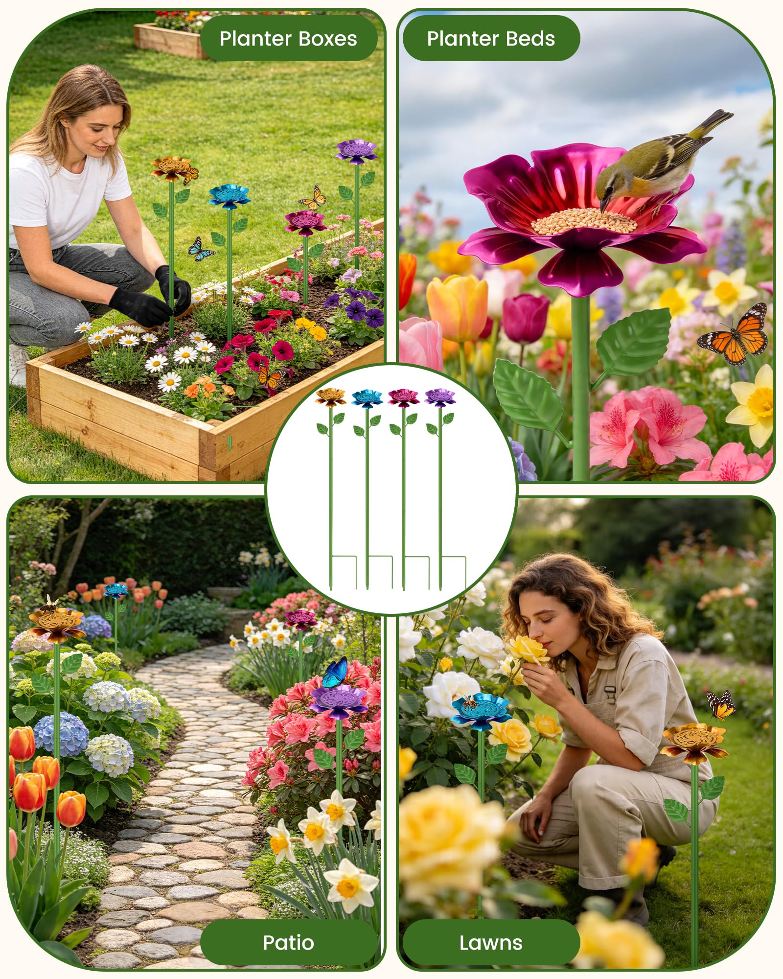 Set da 4 Stazioni di Abbeveraggio per Api con Isola Galleggiante, Vaschette a Forma di Fiore a Doppio Strato per il Giardino, Vaschetta in Metallo per Farfalle e Uccelli (Rosso, Blu, Giallo, Viola)