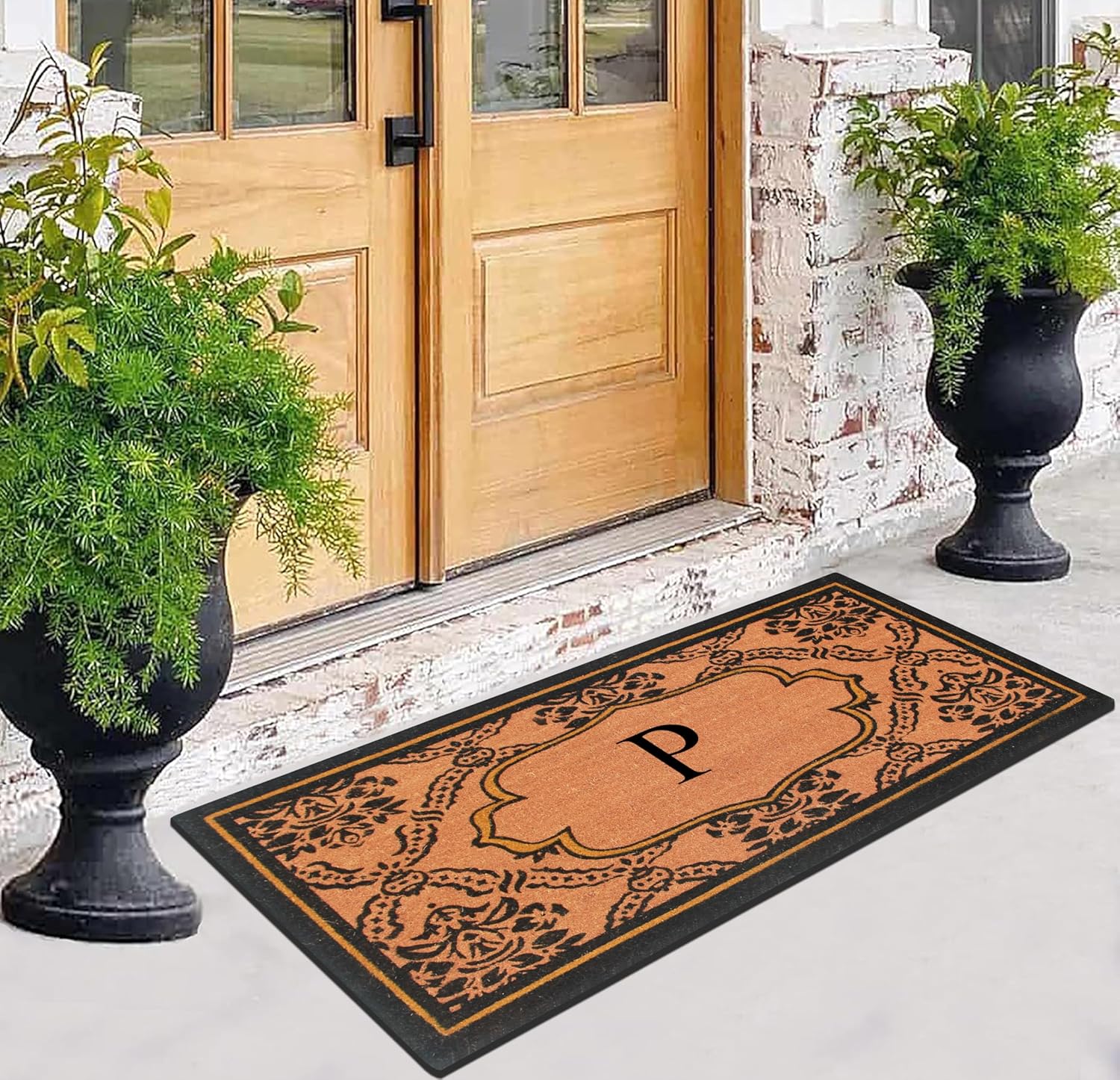 A1HC Natural Coir Monogrammed Doormat Anti-Shed Treated Durable Front Door Mat for Outside Entrance, Heavy Duty, Thin Profile, Easy to Clean, Long Lasting, Entrymat, 30" x 60" - P