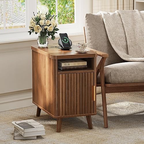 Miniatura 8 de Huuger Mesita de noche estrecha con estación de carga, puerto USB-C, juego de 2 mesitas de noche, mesa auxiliar acanalada con gabinete de