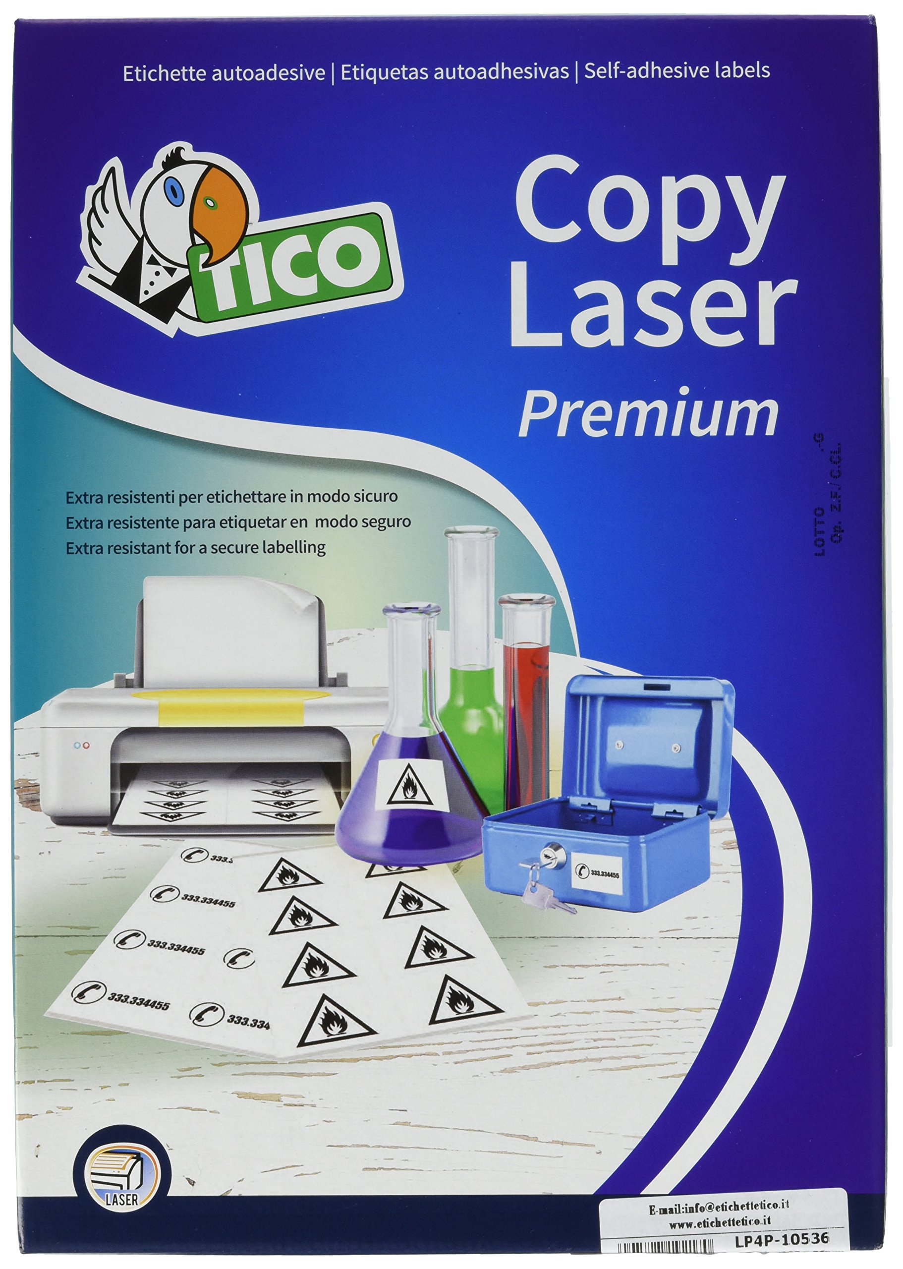 Etichette adesive in poliestere bianco 105 x 36 mm, 16 etichette per foglio, Stampanti Laser bianco e nero, confezione da 70 fogli