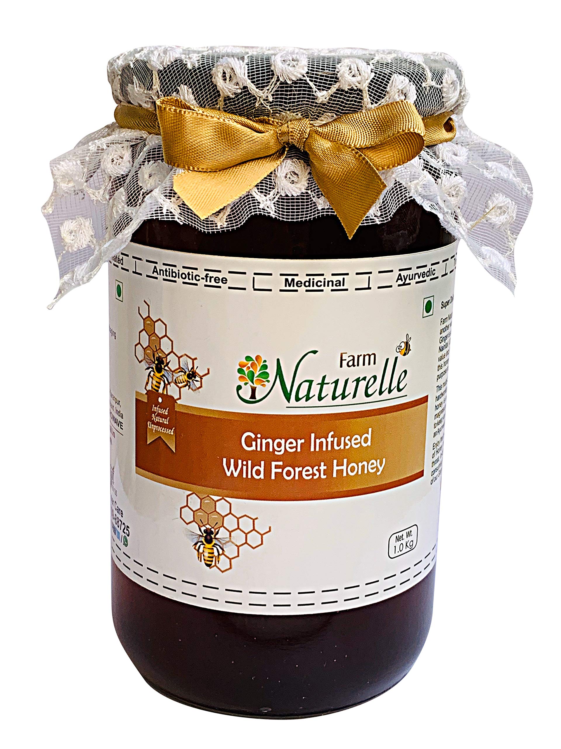 Farm Naturelle Raw Ginger Honey 1200g | Glass Bottle | 100% Pure Unprocessed & Natural Honey | Ayurvedic & Rich in Vitamins and Minerals | Helps Boost Immunity