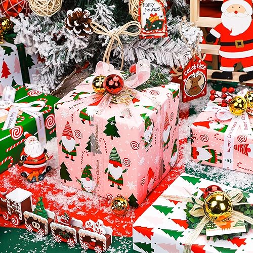 Miniatura 3 de WRAPAHOLIC Rollo de papel de regalo de Navidad, colección navideña de elfos, gnomos de Navidad, rojo, verde y rosa, 4 rollos, 30 x 120 pulgadas por