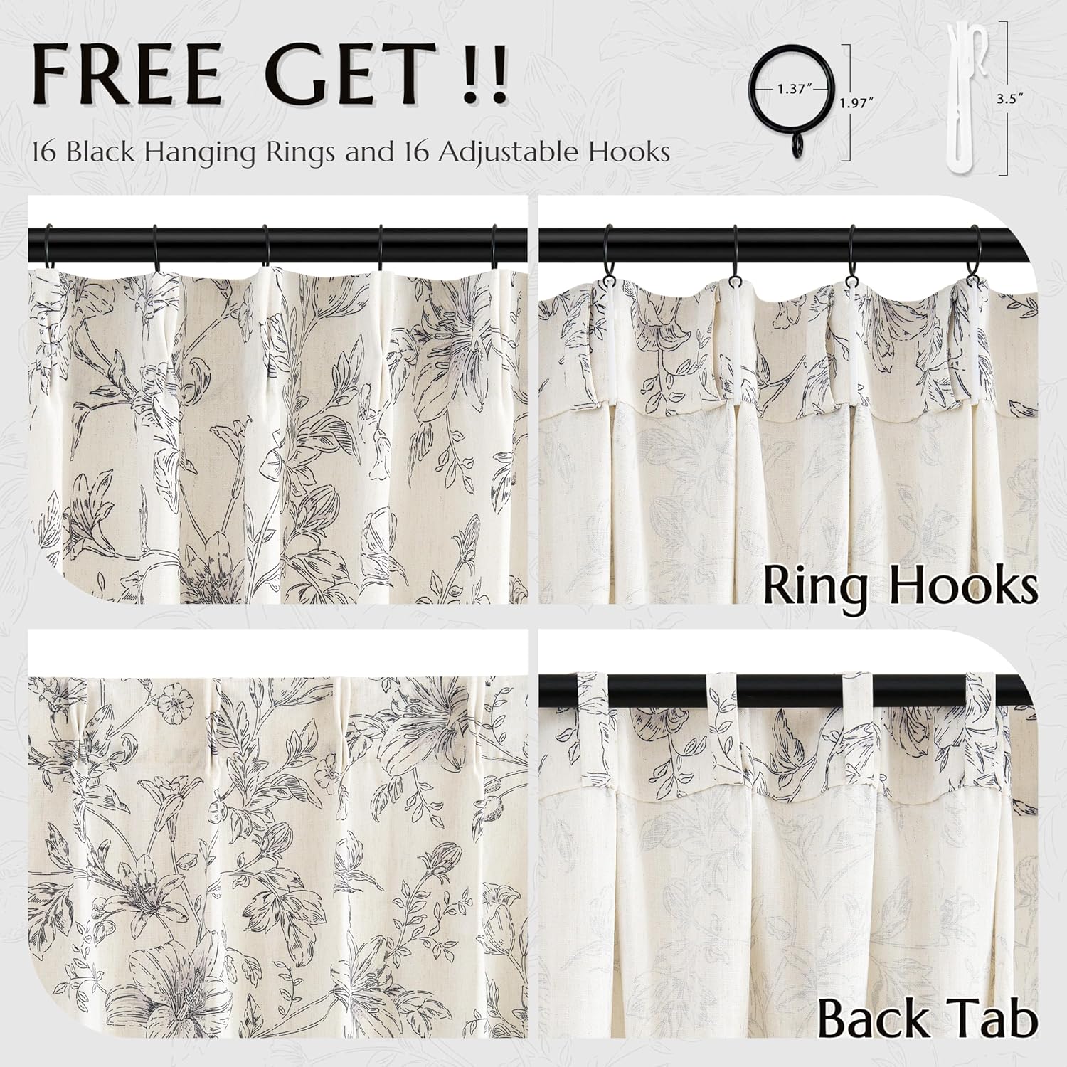 Pinch Pleated Floral Linen Curtains 90 Inch Length for Living Room Bedroom Black Flower Patterned Curtains Printed Vintage Rustic Farmhouse Country Shabby Chic Pinch Pleat Drapes with Hooks Rings