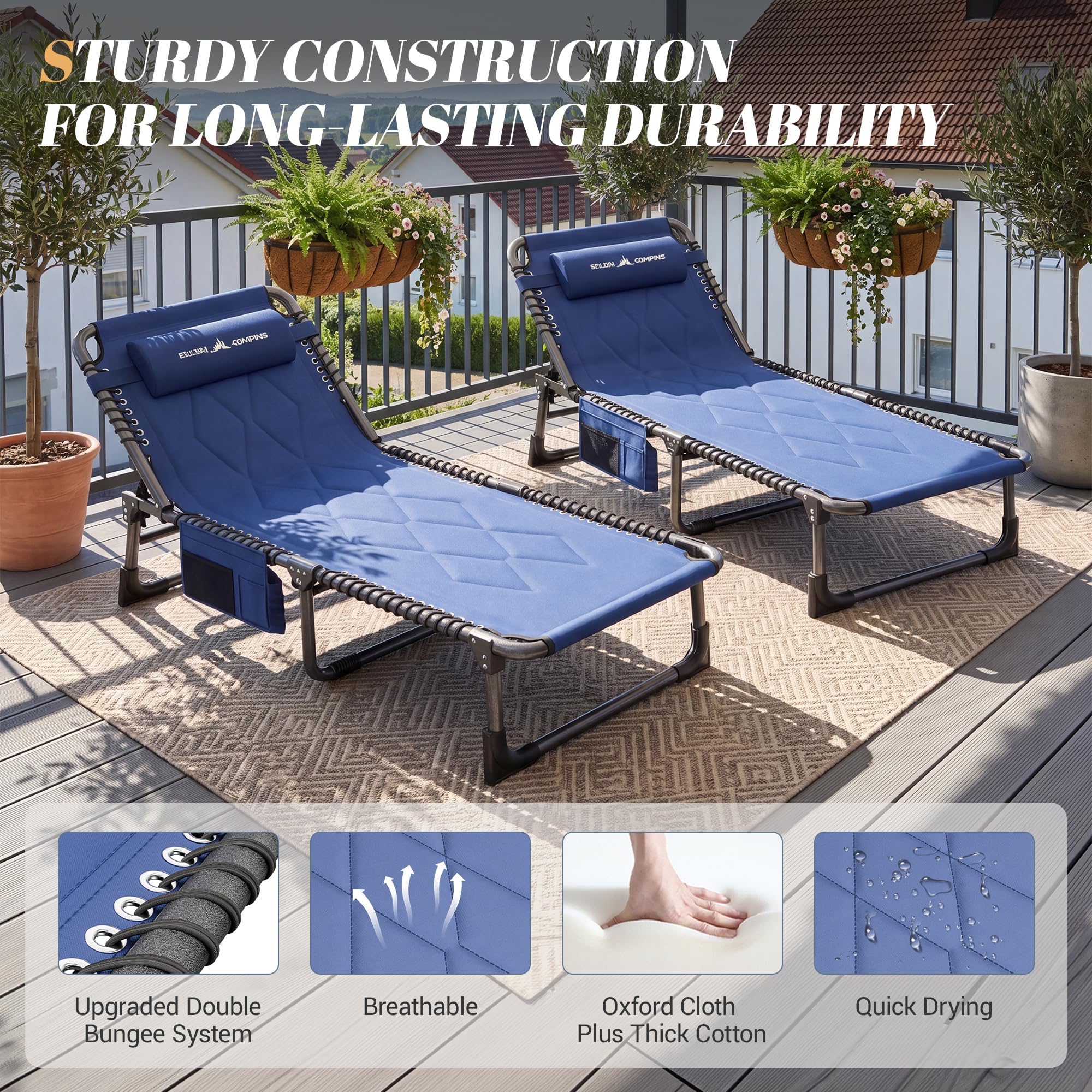 UDPATIO Transat Jardin Extérieur avec Coussin - Bain de Soleil avec Poches Latérales et Appui-tête Adjustable - Chaise Longue Réglable et Pliable (200x69x34 cm) - Bleu