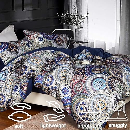 Miniatura 3 de MorroMorn Juego de funda de edredón bohemio de 3 piezas tamaño Queen, estético, shabby chic, hippie, retro, rústico, suave, ligero, azul marino