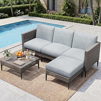 Jocoevol 5 Pieces Outdoor Patio Conversation Set Rattan L-Shaped Corner Sofa Comfortable Thickening Cushions for Garden, Balcony,Weatherproof Waterproof UV Resistance